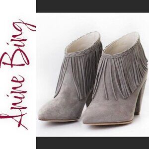 ANINE BING Irmelin Gray Suede Fringe Ankle Bootie,‎ Size 37